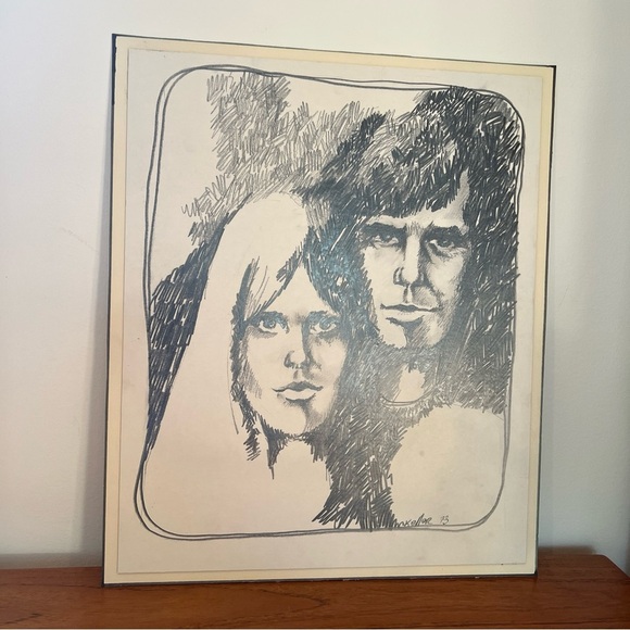 Original portrait, pencil M Keller 1973 drawing on board Mcm retro vintage - Picture 12 of 17